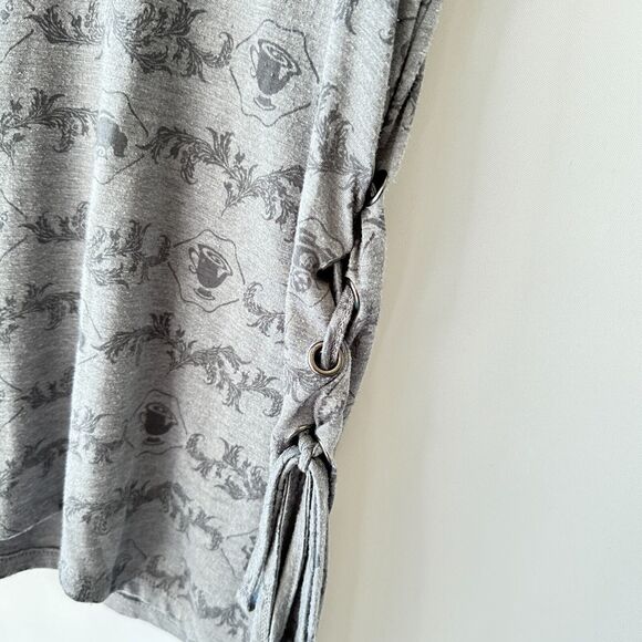 Disney Hot Topic Beauty & The Beast Gray Blouse Shirt Side Tie Mrs Potts Chip SM - Picture 2 of 11